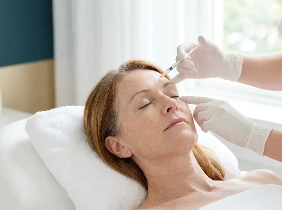A relaxed woman lying back with her eyes closed while a white-gloved hand holds a tiny insulin syringe at her forehead