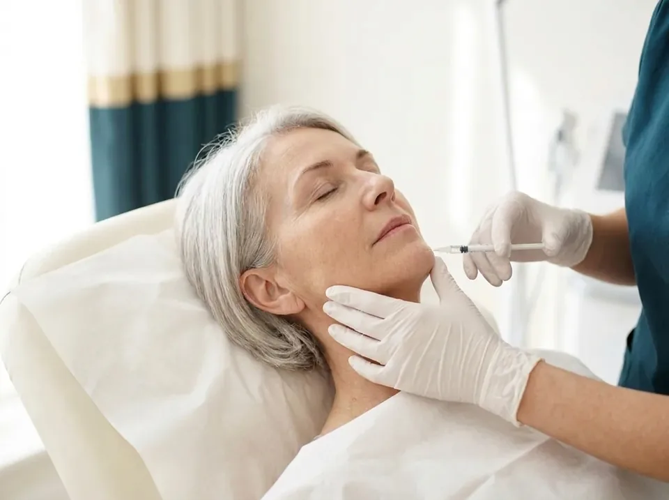 A relaxed woman lying back with her eyes closed while a white-gloved hand holds a small syringe with a very short, fine needle at her lower cheek and the other rests at her jaw