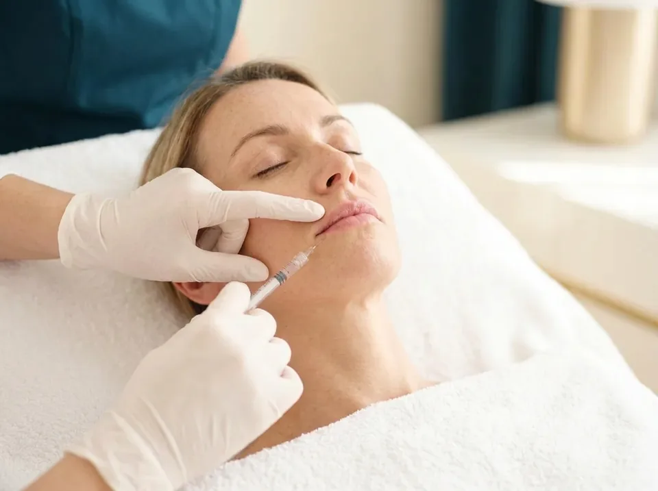 A relaxed woman lying back with her eyes closed while white-gloved hands hold a small syringe with a very short, fine needle at the edge of her upper lip
