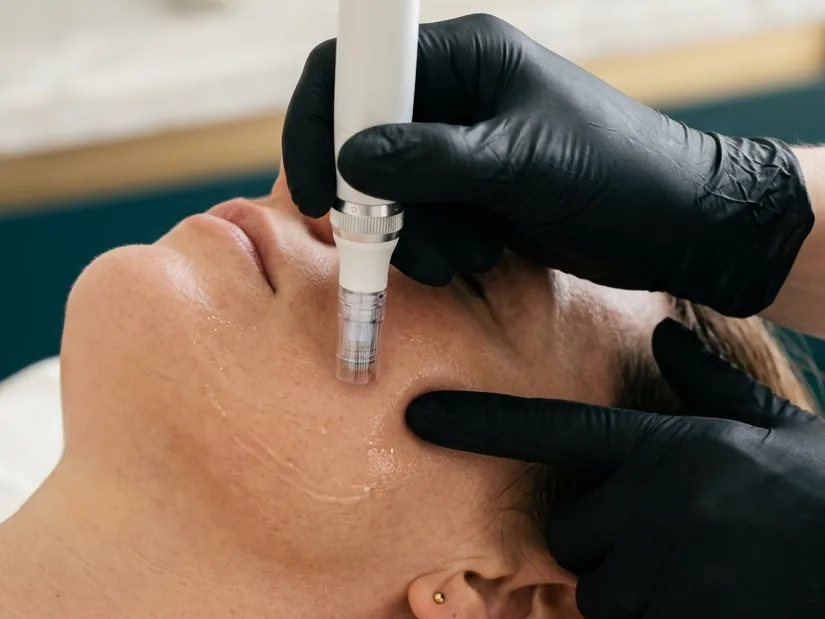 A gloved hand holding a microneedling pen upright on the cheek, a cartridge of fine needles at its tip and a trail of glide serum, the other hand stretching the skin