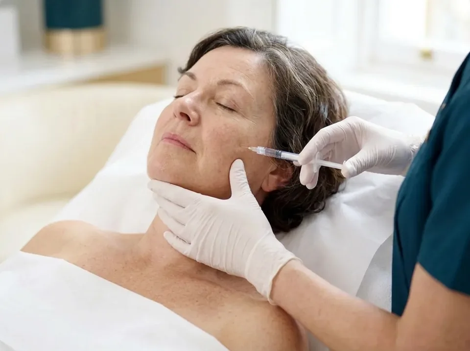 A relaxed woman lying back with her eyes closed while a white-gloved hand holds a small syringe with a very short, fine needle at the middle of her cheek