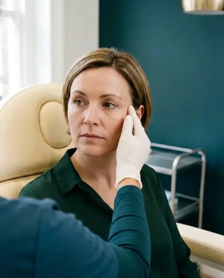 A woman sitting up in the treatment chair, raising her eyebrows while a gloved hand rests at her temple during an anti-wrinkle assessment