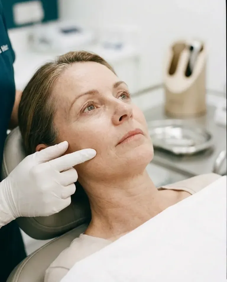 Gloved fingertips resting under a woman's cheekbone as she looks up, assessing her cheeks and jawline before filler