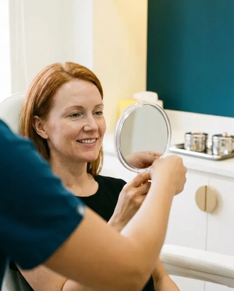 A smiling woman holding a hand mirror to look at her natural lips during a lip consultation