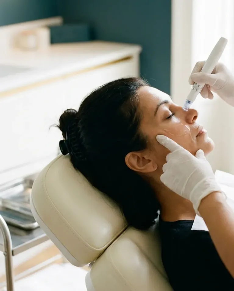 A microneedling pen gliding across a woman's cheek while a gloved hand gently stretches the skin