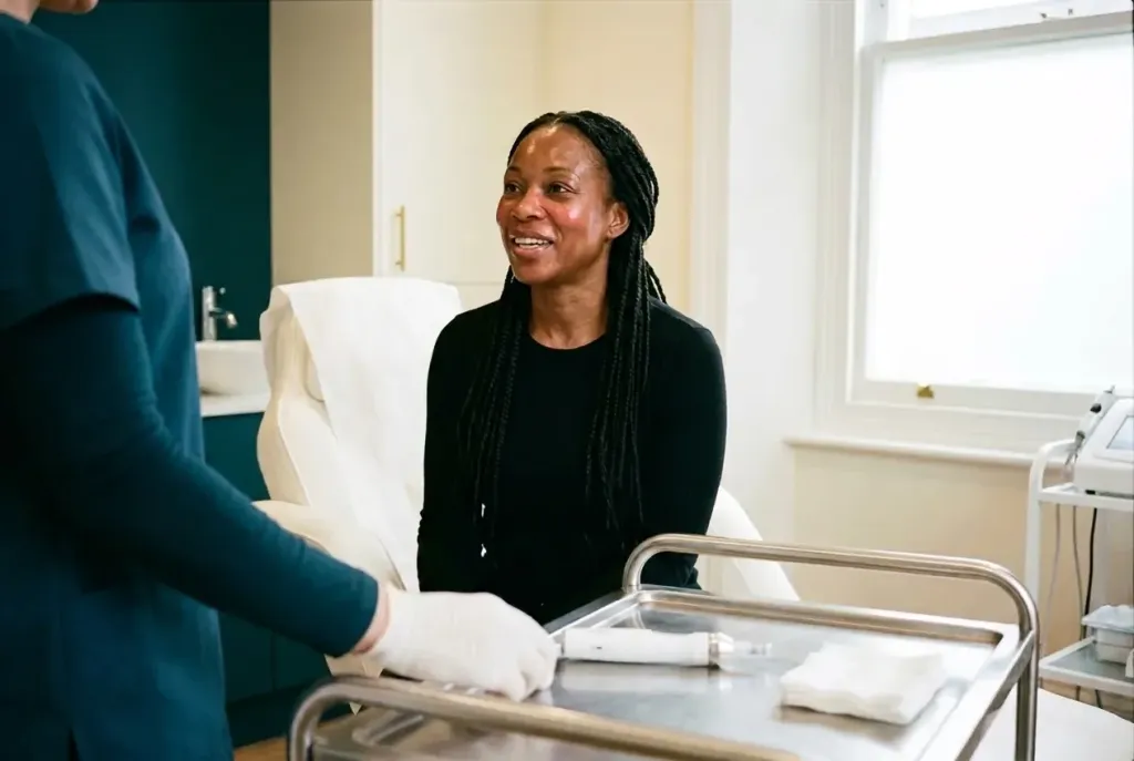 A smiling woman sitting on the treatment chair after microneedling, a gloved hand at the trolley beside her