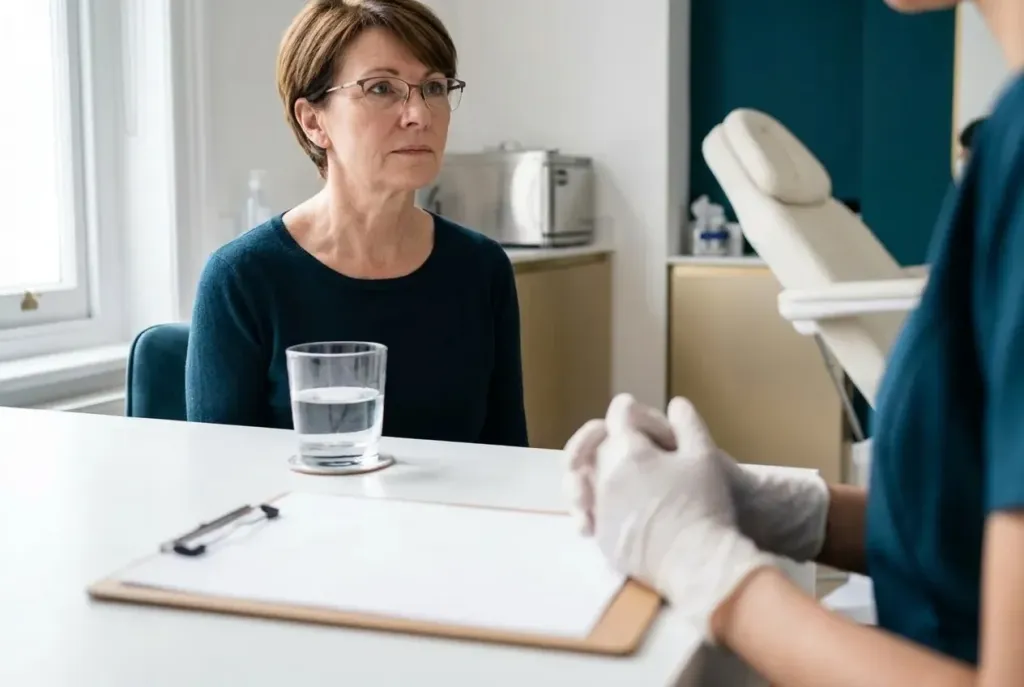A woman with short brown hair and glasses listening across a consultation desk, a glass of water and a clipboard in front of her