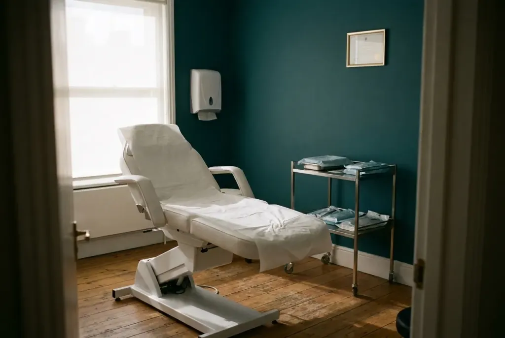 The treatment room seen from the doorway: a treatment chair with a fresh paper sheet and a steel trolley of sterile supplies