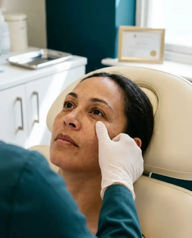 A gloved fingertip resting just below a woman's lower lashes, showing the fine skin under her eye