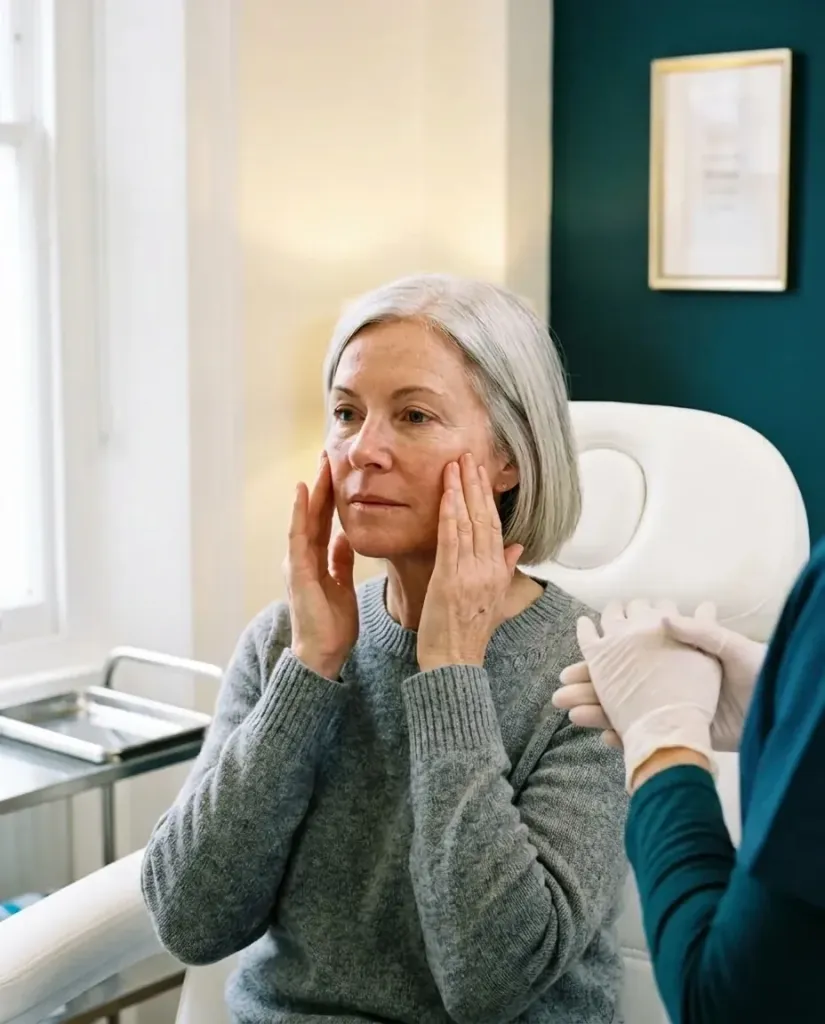 A woman with a silver bob sitting up in the treatment chair, gently massaging her cheeks as she is shown her aftercare