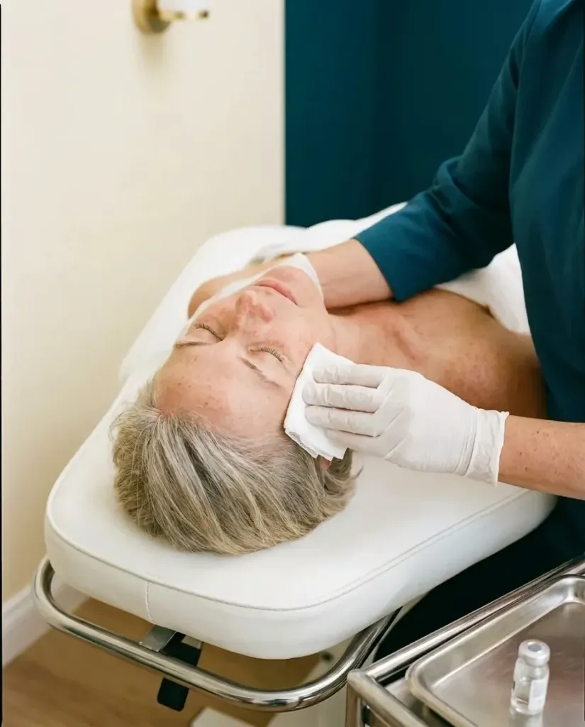 Seen from above, a woman lying back with her eyes closed while a gloved hand cleans her cheek with sterile gauze