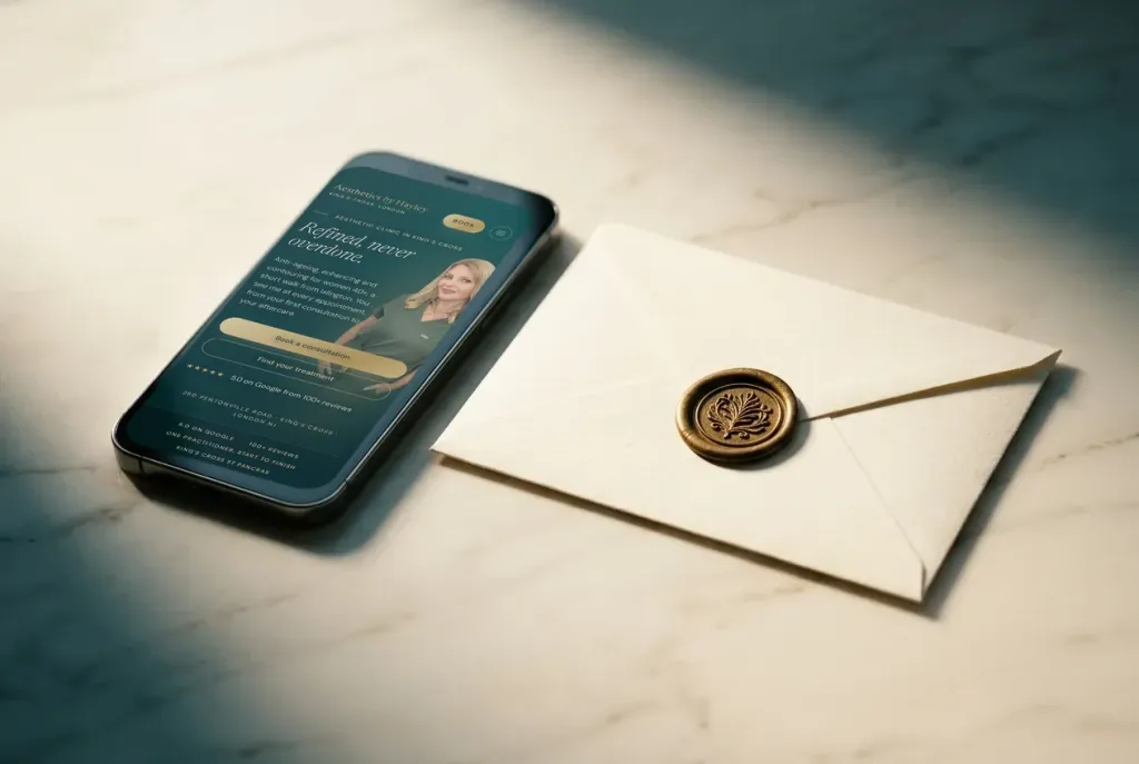 A phone lying on marble showing the Aesthetics by Hayley home page with Hayley's photo, beside a cream envelope sealed with gold wax