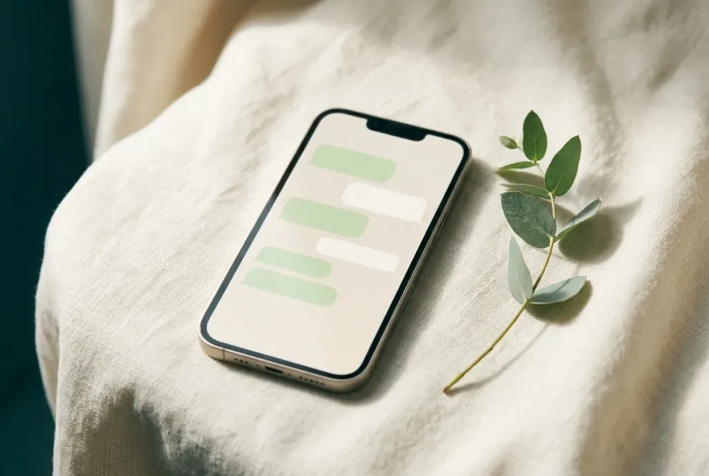 A phone on ivory linen showing a chat in soft green and white